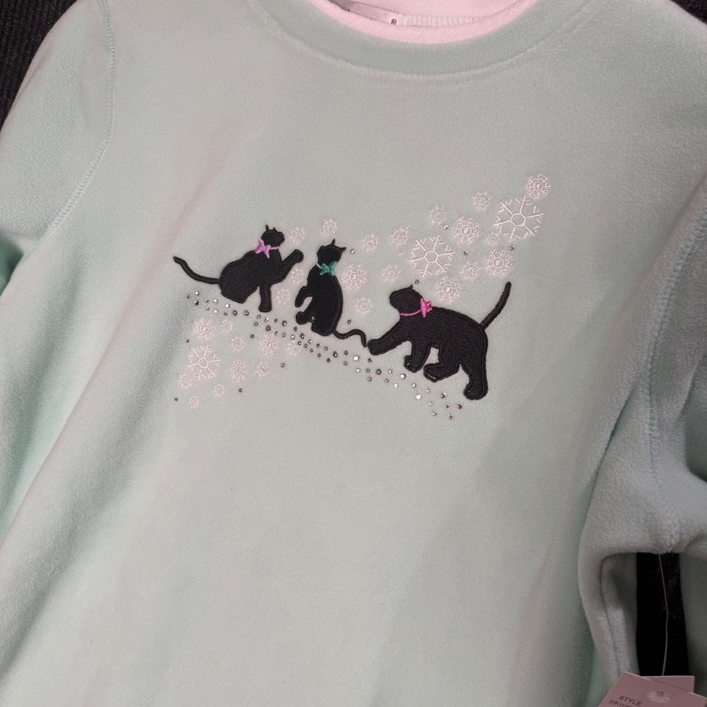 NWT Vintage Y2K Bonnie Evans Cat Fleece Pullover PS Snowflake Rhinestone Blue